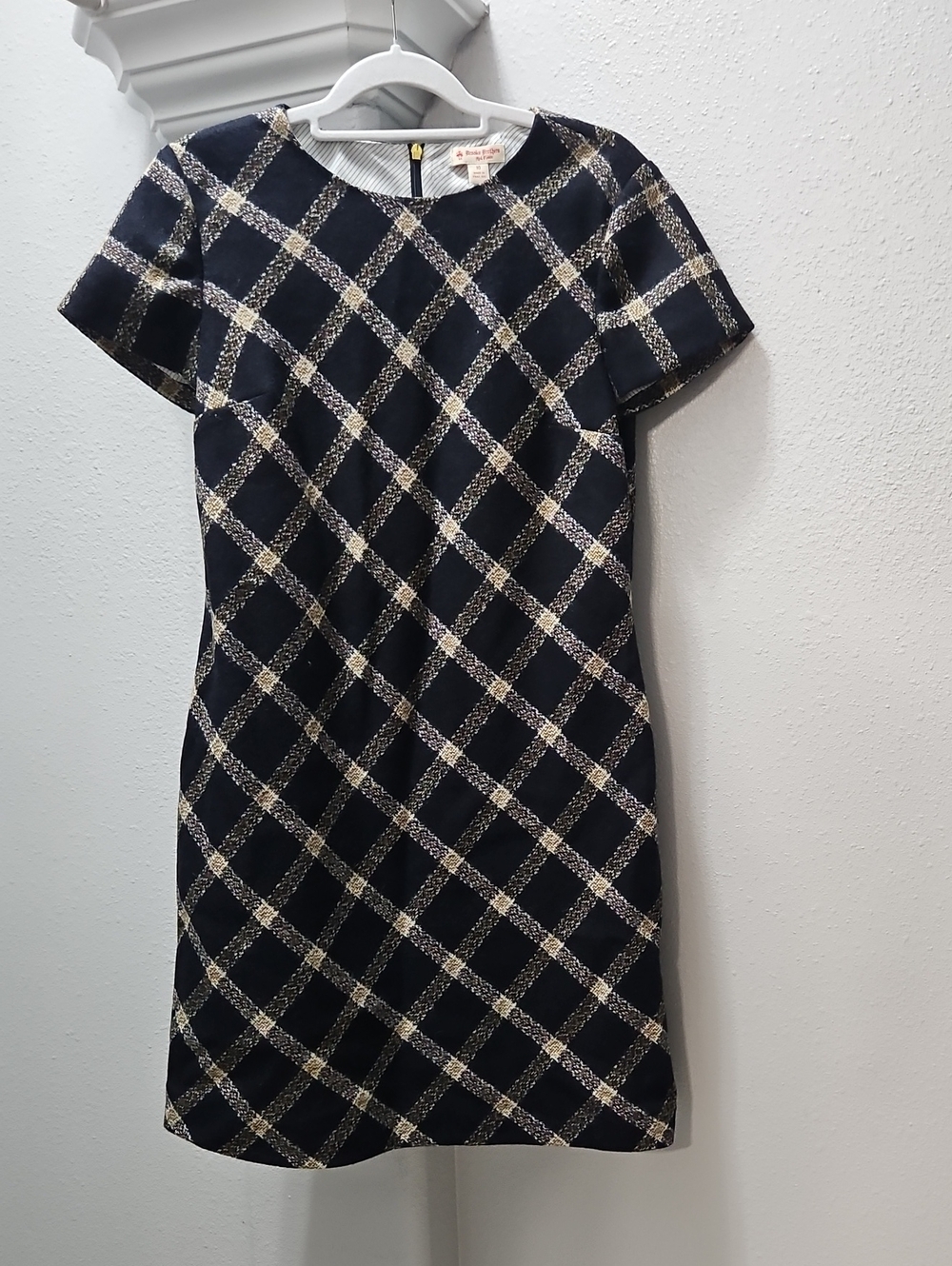 Brooks Brothers Navy & Cream Plaid Wool Sheath Dress.